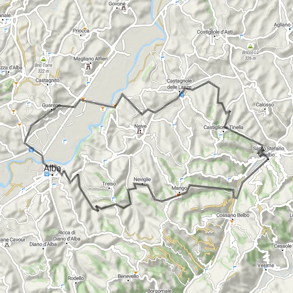 Miniatua del mapa de inspiración ciclista "Ruta en carretera por Alba y Castagnole delle Lanze" en Piemonte, Italy. Generado por Tarmacs.app planificador de rutas ciclistas