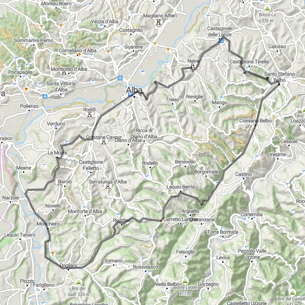 Miniatua del mapa de inspiración ciclista "Ruta de Bosia a Santo Stefano Belbo" en Piemonte, Italy. Generado por Tarmacs.app planificador de rutas ciclistas