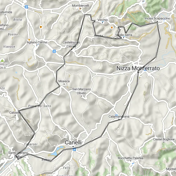 Map miniature of "Santo Stefano Belbo and Nizza Monferrato Circuit" cycling inspiration in Piemonte, Italy. Generated by Tarmacs.app cycling route planner