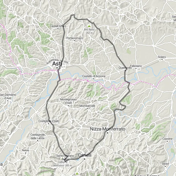Mapa miniatúra "Trasa kolo okolo Santo Stefano Belbo" cyklistická inšpirácia v Piemonte, Italy. Vygenerované cyklistickým plánovačom trás Tarmacs.app