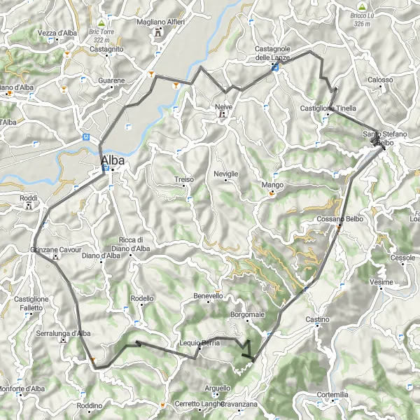 Zemljevid v pomanjšavi "Poznana pot Bosia-Grinzane Cavour" kolesarske inspiracije v Piemonte, Italy. Generirano z načrtovalcem kolesarskih poti Tarmacs.app