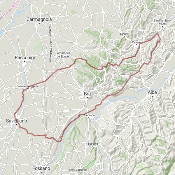 Mapa miniatúra "Panoramatická cyklotrasa Savigliano - Panorama sul Roero" cyklistická inšpirácia v Piemonte, Italy. Vygenerované cyklistickým plánovačom trás Tarmacs.app