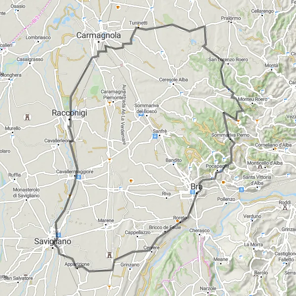 Miniaturní mapa "Cyklistická trasa z blízkosti Savigliano" inspirace pro cyklisty v oblasti Piemonte, Italy. Vytvořeno pomocí plánovače tras Tarmacs.app