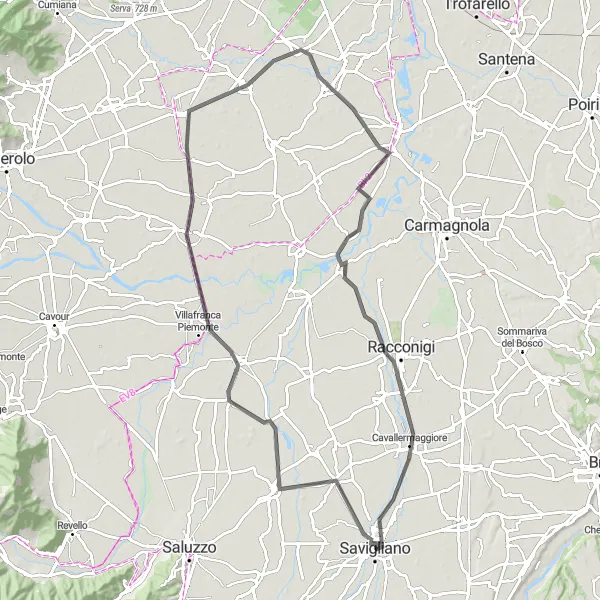 Miniature de la carte de l'inspiration cycliste "Itinéraire de 92 km à vélo entre Savigliano et Monasterolo" dans la Piemonte, Italy. Générée par le planificateur d'itinéraire cycliste Tarmacs.app