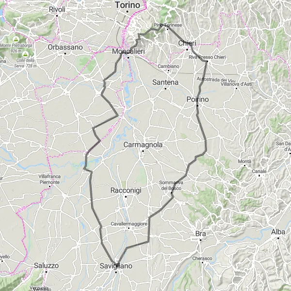 Miniaturní mapa "Výlet ke královským hradům" inspirace pro cyklisty v oblasti Piemonte, Italy. Vytvořeno pomocí plánovače tras Tarmacs.app