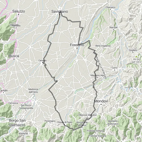 Karten-Miniaturansicht der Radinspiration "Panoramafahrt nach Centallo und Levaldigi" in Piemonte, Italy. Erstellt vom Tarmacs.app-Routenplaner für Radtouren