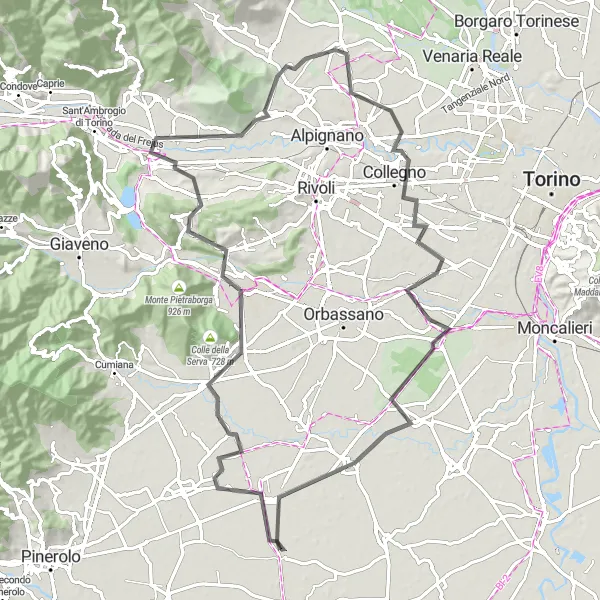 Miniatura della mappa di ispirazione al ciclismo "Giro Panoramico delle Colline Torinesi" nella regione di Piemonte, Italy. Generata da Tarmacs.app, pianificatore di rotte ciclistiche