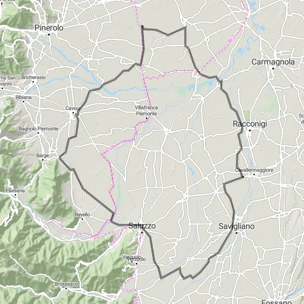 Miniatura della mappa di ispirazione al ciclismo "Tour panoramico tra Pancalieri e Scalenghe" nella regione di Piemonte, Italy. Generata da Tarmacs.app, pianificatore di rotte ciclistiche