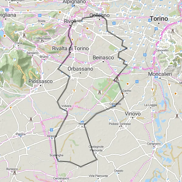 Miniatua del mapa de inspiración ciclista "Ruta Escénica a través de Airasca y Candiolo" en Piemonte, Italy. Generado por Tarmacs.app planificador de rutas ciclistas