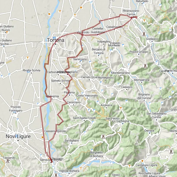 Miniaturní mapa "Gravelový výlet kolem Serravalle Scrivia" inspirace pro cyklisty v oblasti Piemonte, Italy. Vytvořeno pomocí plánovače tras Tarmacs.app