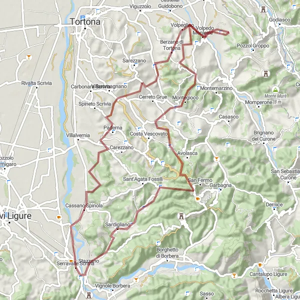 Map miniature of "Gravel Adventure Through Piemonte" cycling inspiration in Piemonte, Italy. Generated by Tarmacs.app cycling route planner