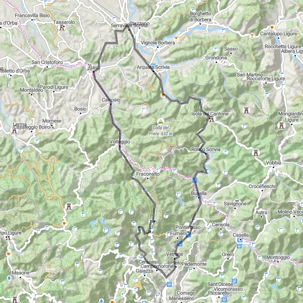 Karten-Miniaturansicht der Radinspiration "Entdecken Sie die Dörfer des Piemont: Von Serravalle Scrivia nach Carrosio" in Piemonte, Italy. Erstellt vom Tarmacs.app-Routenplaner für Radtouren