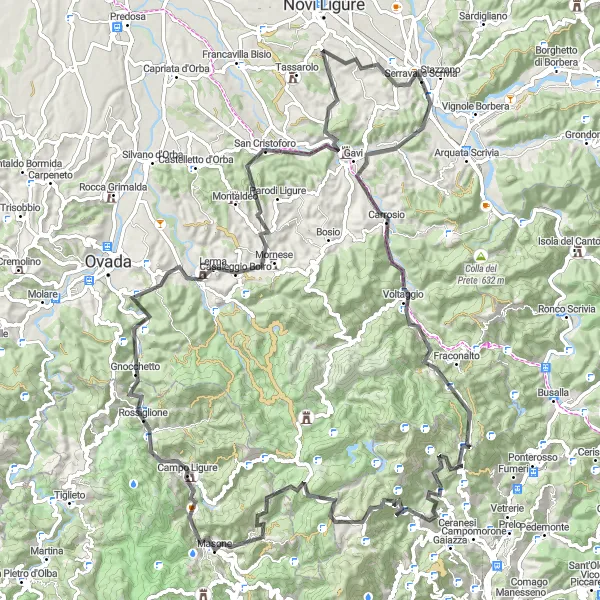 Map miniature of "Hilly Delights: Carrosio Circuit" cycling inspiration in Piemonte, Italy. Generated by Tarmacs.app cycling route planner