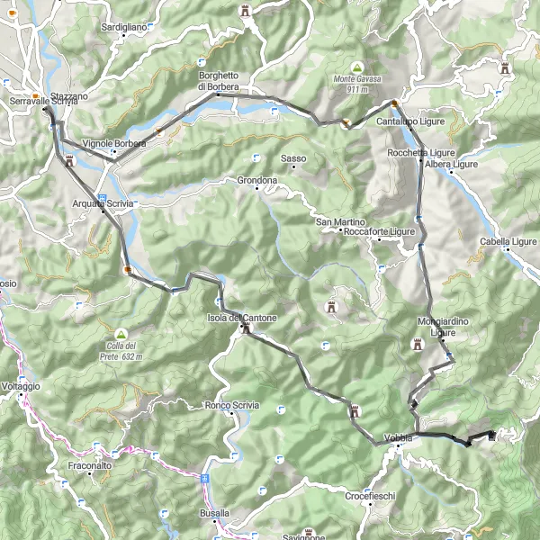 Miniaturekort af cykelinspirationen "Serravalle Scrivia til Arquata Scrivia Road Loop" i Piemonte, Italy. Genereret af Tarmacs.app cykelruteplanlægger