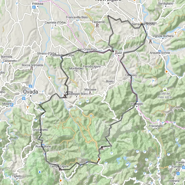 Map miniature of "Scenic Serravalle Loop" cycling inspiration in Piemonte, Italy. Generated by Tarmacs.app cycling route planner