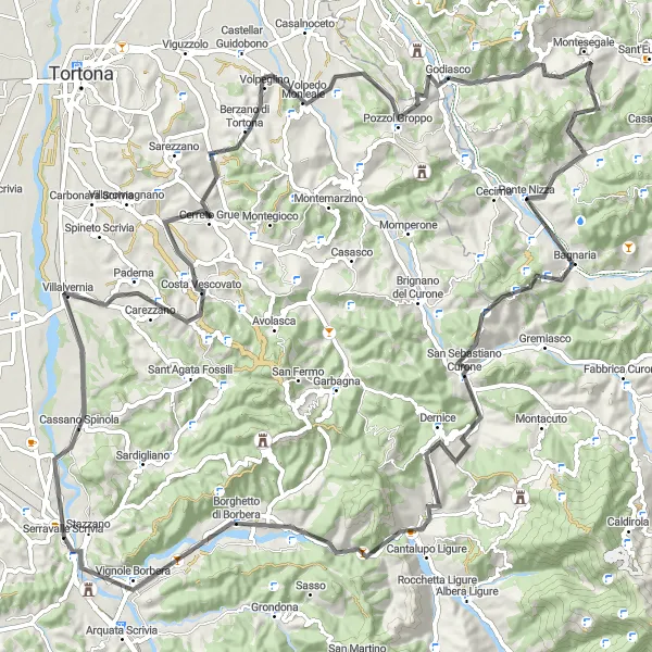 Miniatua del mapa de inspiración ciclista "Ruta en carretera con altos desniveles desde Serravalle Scrivia" en Piemonte, Italy. Generado por Tarmacs.app planificador de rutas ciclistas