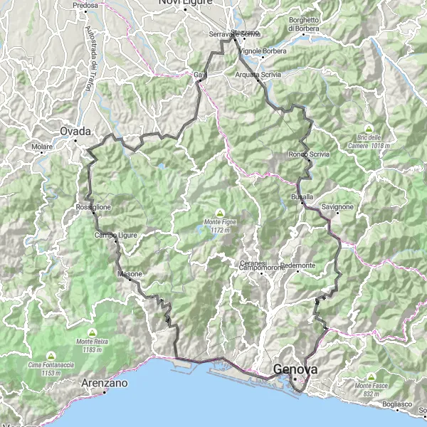 Miniatura della mappa di ispirazione al ciclismo "Itinerario in bicicletta da Serravalle Scrivia a Gavi attraverso Genova" nella regione di Piemonte, Italy. Generata da Tarmacs.app, pianificatore di rotte ciclistiche