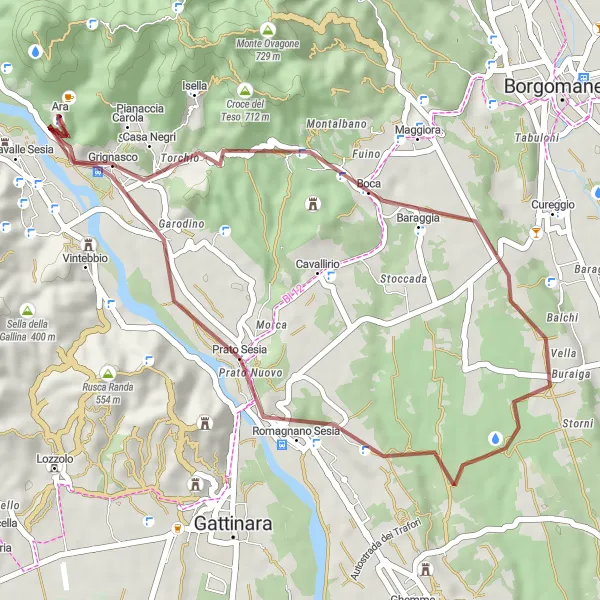 Miniaturekort af cykelinspirationen "Gravel Eventyr rundt om Grignasco og Prato Sesia" i Piemonte, Italy. Genereret af Tarmacs.app cykelruteplanlægger