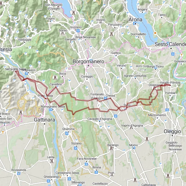 Map miniature of "Varallo Pombia and Fontaneto d'Agogna Gravel Loop" cycling inspiration in Piemonte, Italy. Generated by Tarmacs.app cycling route planner