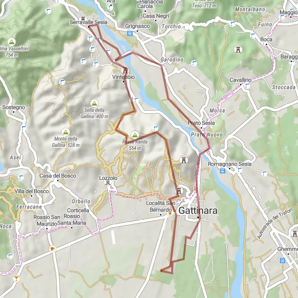 Miniatura della mappa di ispirazione al ciclismo "Percorso gravel da Vintebbio a Gattinara" nella regione di Piemonte, Italy. Generata da Tarmacs.app, pianificatore di rotte ciclistiche