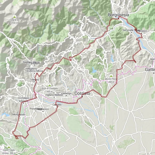 Miniatua del mapa de inspiración ciclista "Ruta de ciclismo de grava cerca de Serravalle Sesia" en Piemonte, Italy. Generado por Tarmacs.app planificador de rutas ciclistas