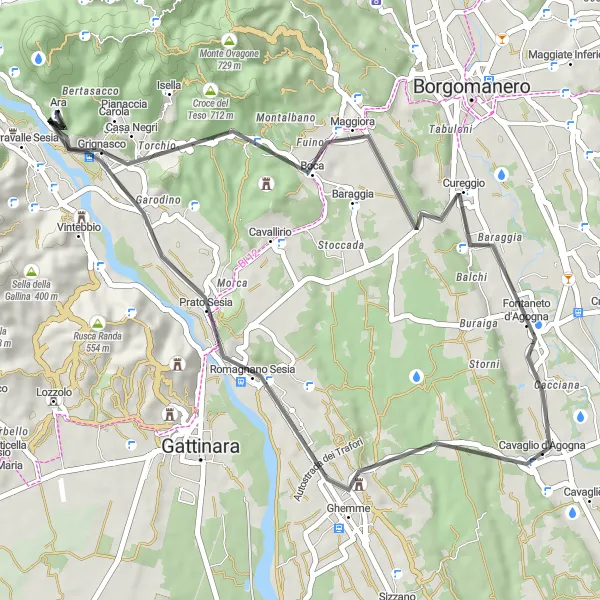 Map miniature of "Montalbano and Romagnano Sesia Road Cycling Route" cycling inspiration in Piemonte, Italy. Generated by Tarmacs.app cycling route planner