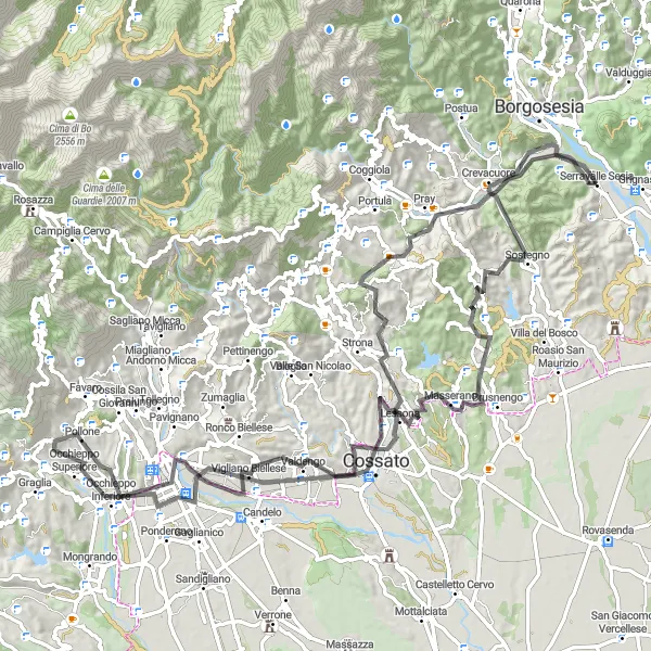 Miniatura della mappa di ispirazione al ciclismo "Circuit of Biellese Landscapes" nella regione di Piemonte, Italy. Generata da Tarmacs.app, pianificatore di rotte ciclistiche