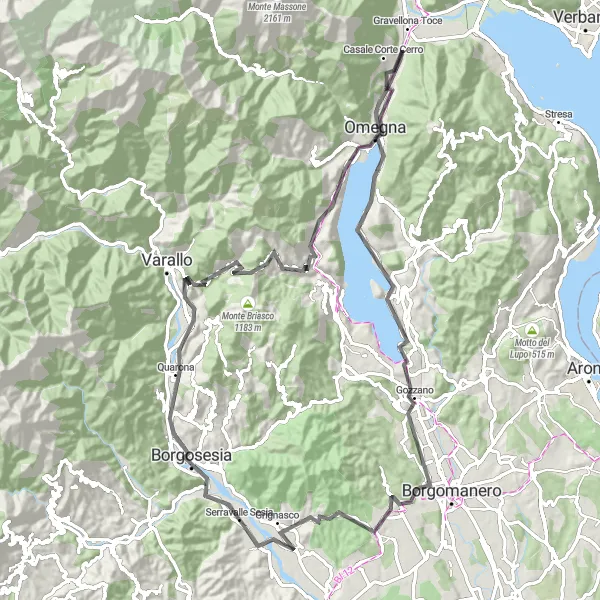 Miniature de la carte de l'inspiration cycliste "Tour cycliste panoramique au départ de Serravalle Sesia" dans la Piemonte, Italy. Générée par le planificateur d'itinéraire cycliste Tarmacs.app