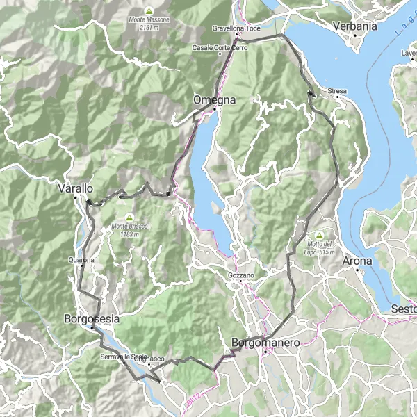 Miniature de la carte de l'inspiration cycliste "Tour routier panoramique autour de Serravalle Sesia" dans la Piemonte, Italy. Générée par le planificateur d'itinéraire cycliste Tarmacs.app