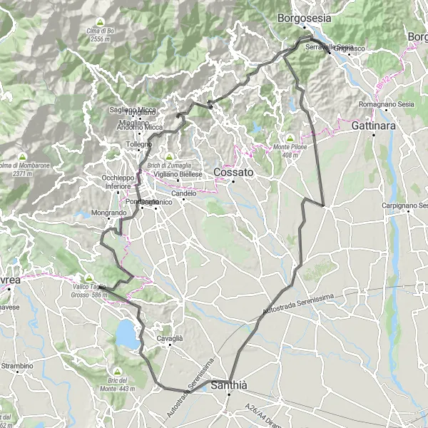 Zemljevid v pomanjšavi "Izjemna cestna kolesarska pot okoli Serravalle Sesia" kolesarske inspiracije v Piemonte, Italy. Generirano z načrtovalcem kolesarskih poti Tarmacs.app
