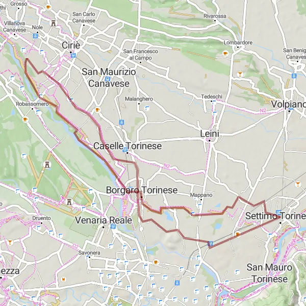 Mapa miniatúra "Gravel Route to Settimo Torinese" cyklistická inšpirácia v Piemonte, Italy. Vygenerované cyklistickým plánovačom trás Tarmacs.app