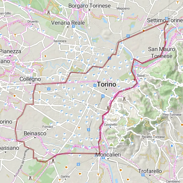 Miniature de la carte de l'inspiration cycliste "Circuit Gravel Settimo Torinese-Madonna di Campagna" dans la Piemonte, Italy. Générée par le planificateur d'itinéraire cycliste Tarmacs.app