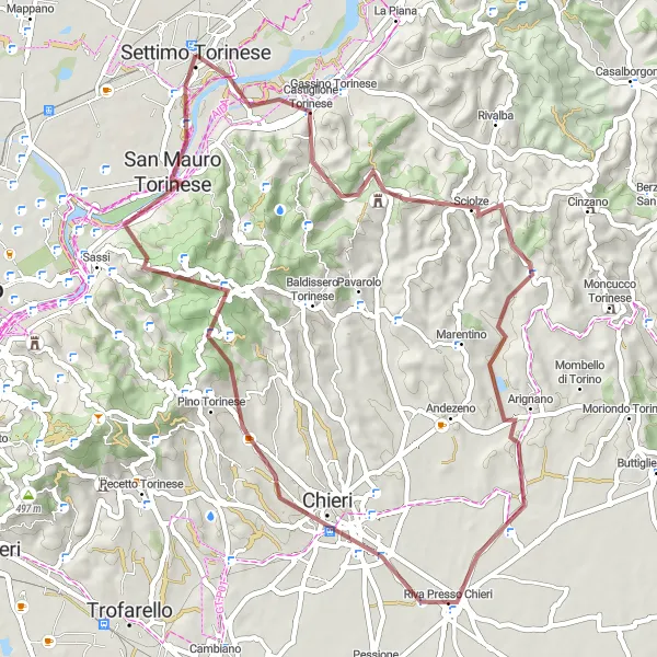 Mapa miniatúra "Gravel Route via Sella la Rezza and Chieri" cyklistická inšpirácia v Piemonte, Italy. Vygenerované cyklistickým plánovačom trás Tarmacs.app