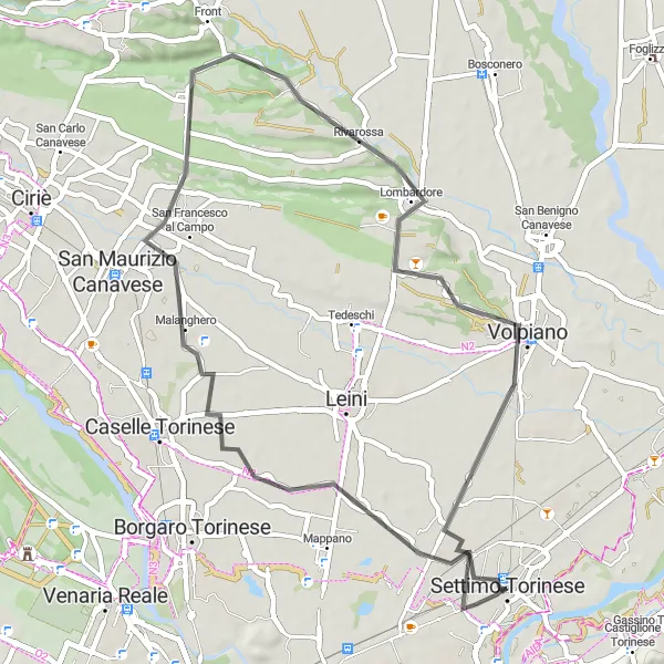 Miniatura mapy "Przejażdżka Szosowa przez Rivarossa i Volpiano" - trasy rowerowej w Piemonte, Italy. Wygenerowane przez planer tras rowerowych Tarmacs.app