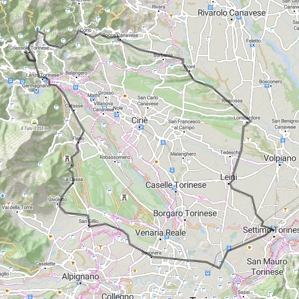 Mapa miniatúra "Výzva s veľkým prevýšením" cyklistická inšpirácia v Piemonte, Italy. Vygenerované cyklistickým plánovačom trás Tarmacs.app