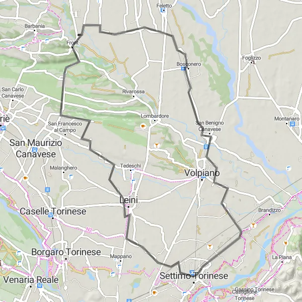 Miniatura della mappa di ispirazione al ciclismo "Tour Panoramico in Bicicletta nei Dintorni di Settimo Torinese" nella regione di Piemonte, Italy. Generata da Tarmacs.app, pianificatore di rotte ciclistiche