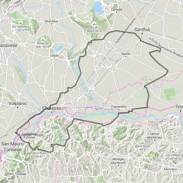 Miniature de la carte de l'inspiration cycliste "Tour de Route Chivasso-Sella la Rezza" dans la Piemonte, Italy. Générée par le planificateur d'itinéraire cycliste Tarmacs.app