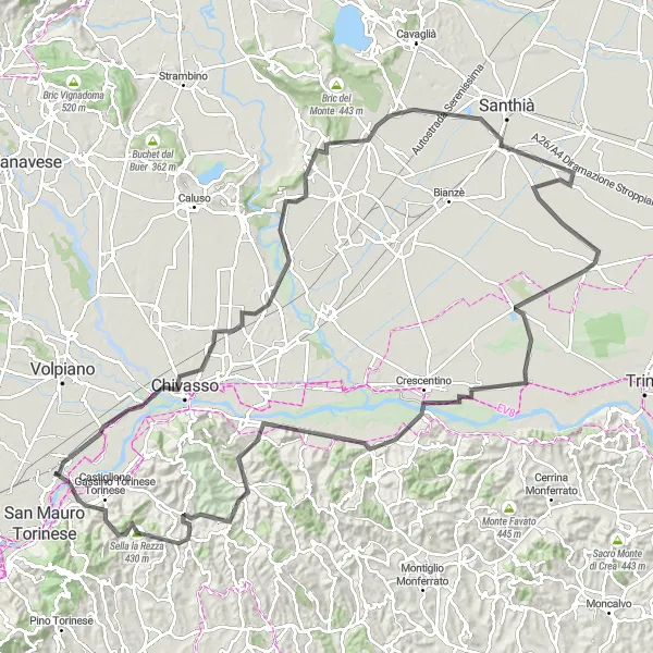 Miniatura della mappa di ispirazione al ciclismo "Esplorazione stradale tra natura e storia" nella regione di Piemonte, Italy. Generata da Tarmacs.app, pianificatore di rotte ciclistiche