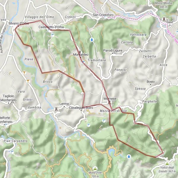 Karttaminiaatyyri "Casaleggio Boiro - Monte Lanzone - Mornese - Silvano d'Orba" pyöräilyinspiraatiosta alueella Piemonte, Italy. Luotu Tarmacs.app pyöräilyreittisuunnittelijalla