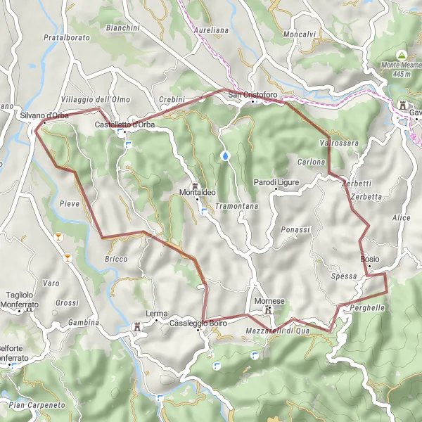 Zemljevid v pomanjšavi "Makadamska kolesarska pot Silvano d'Orba - Il Castello Adorno" kolesarske inspiracije v Piemonte, Italy. Generirano z načrtovalcem kolesarskih poti Tarmacs.app