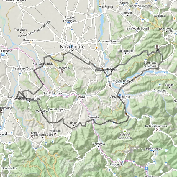 Map miniature of "Silvano d'Orba and Novi Ligure" cycling inspiration in Piemonte, Italy. Generated by Tarmacs.app cycling route planner