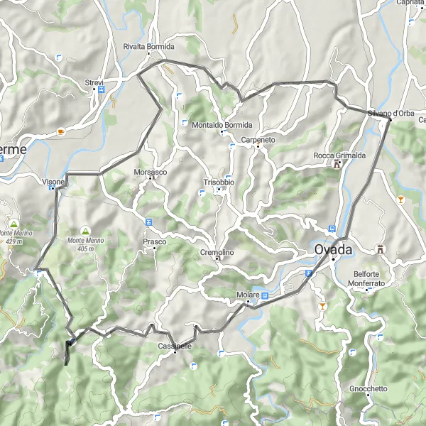 Karten-Miniaturansicht der Radinspiration "Kurze Rundtour von Ovada nach Rivalta Bormida" in Piemonte, Italy. Erstellt vom Tarmacs.app-Routenplaner für Radtouren