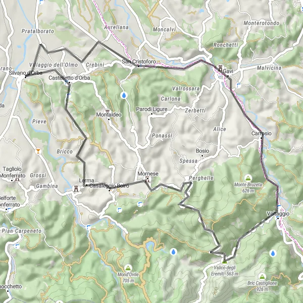 Miniature de la carte de l'inspiration cycliste "Le tour des collines de Gavi" dans la Piemonte, Italy. Générée par le planificateur d'itinéraire cycliste Tarmacs.app