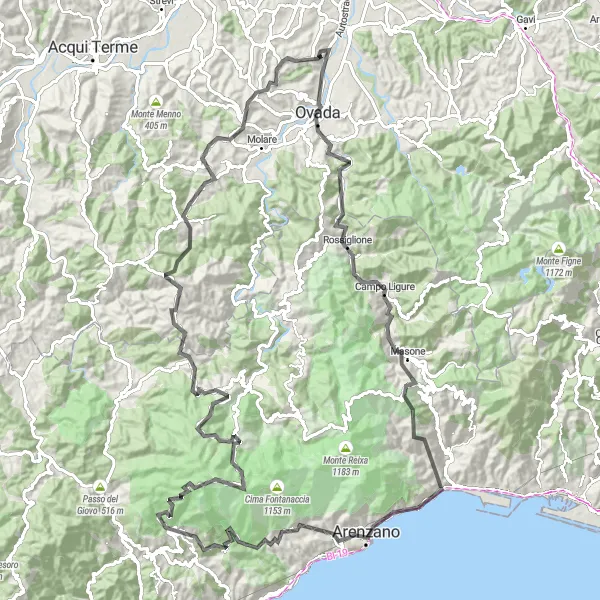 Map miniature of "Ovada and Monte Beigua" cycling inspiration in Piemonte, Italy. Generated by Tarmacs.app cycling route planner