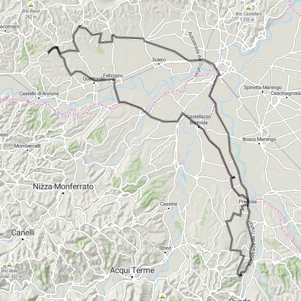 Map miniature of "Castellazzo Bormida and Felizzano Ride" cycling inspiration in Piemonte, Italy. Generated by Tarmacs.app cycling route planner