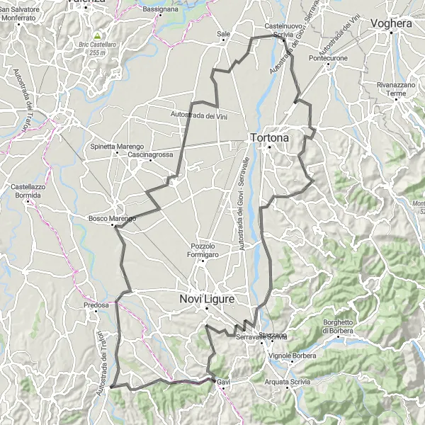 Miniatura della mappa di ispirazione al ciclismo "Giro Panoramico tra Silvano d'Orba e Castelletto d'Orba" nella regione di Piemonte, Italy. Generata da Tarmacs.app, pianificatore di rotte ciclistiche