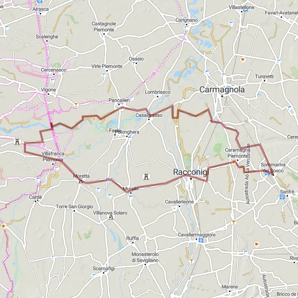 Zemljevid v pomanjšavi "Kolesarska pot skozi zgodovinske znamenitosti blizu Sommariva del Bosco" kolesarske inspiracije v Piemonte, Italy. Generirano z načrtovalcem kolesarskih poti Tarmacs.app