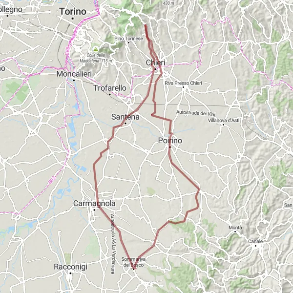 Miniature de la carte de l'inspiration cycliste "Gravel de Sommariva del Bosco à Chieri" dans la Piemonte, Italy. Générée par le planificateur d'itinéraire cycliste Tarmacs.app