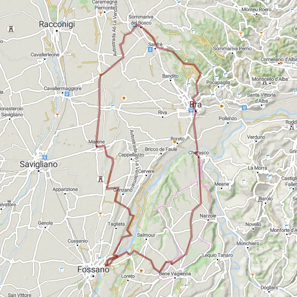 Zemljevid v pomanjšavi "Gravel avantura do Bra" kolesarske inspiracije v Piemonte, Italy. Generirano z načrtovalcem kolesarskih poti Tarmacs.app