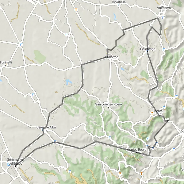 Miniatura mapy "Trasa rowerowa od Sommariva del Bosco do Santo Stefano Roero i z powrotem" - trasy rowerowej w Piemonte, Italy. Wygenerowane przez planer tras rowerowych Tarmacs.app